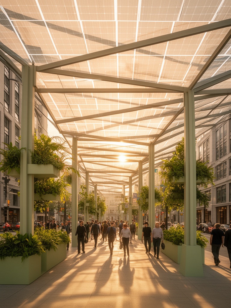 City street shaded by SolarWalk canopy infrastructure