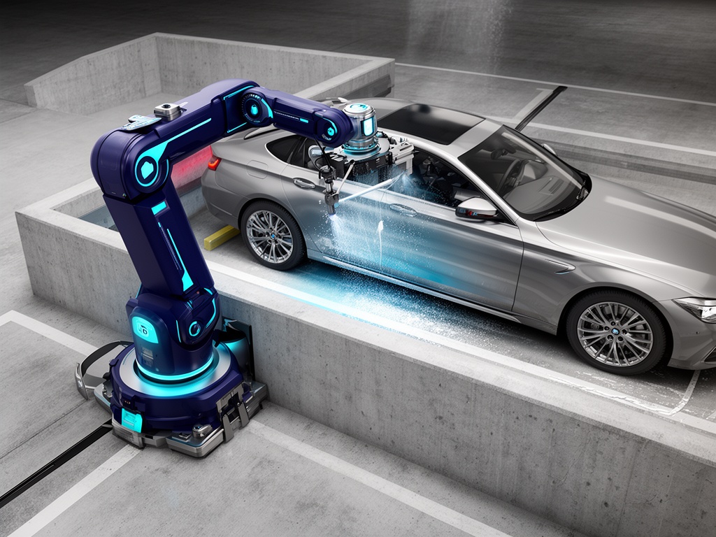 CleanSpot robotic arm washing a car in a parking bay