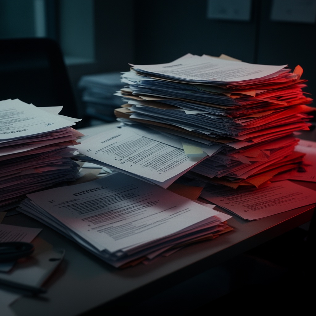 Fragmented hiring workflow — chaotic stacks of resumes