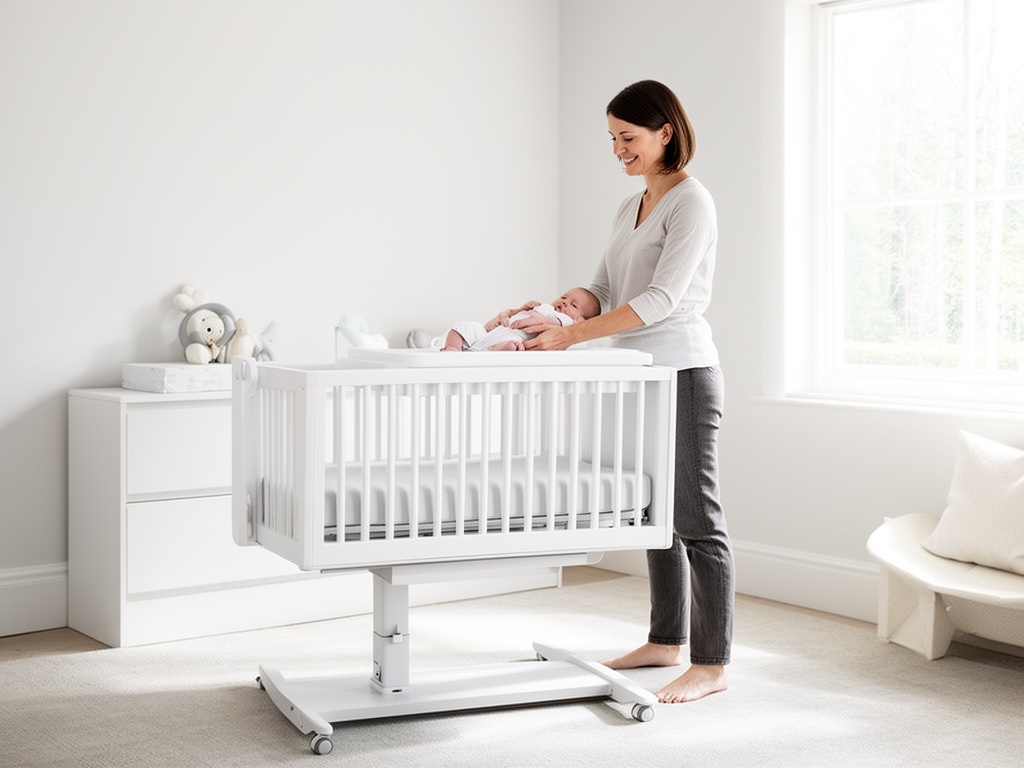 Parent comfortably using SafeDream adaptive crib at ergonomic height